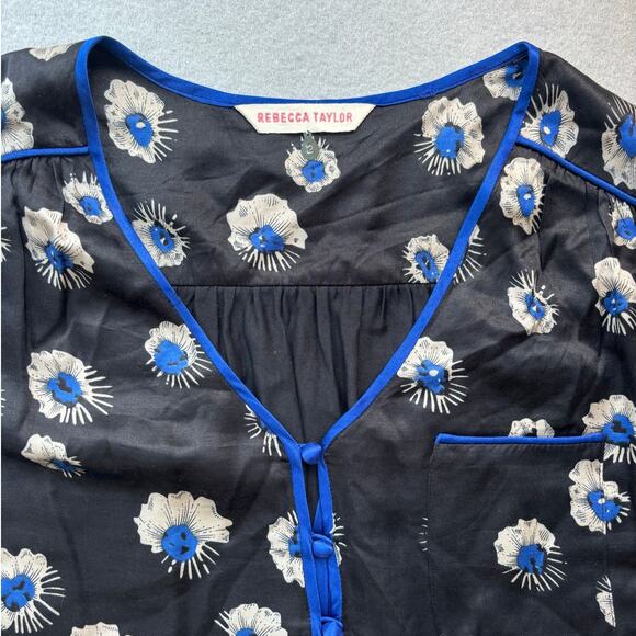 Rebecca Taylor blouse Women's 2 Black Cobalt Starflower Floral Silk Boho Peasant - Picture 6 of 8